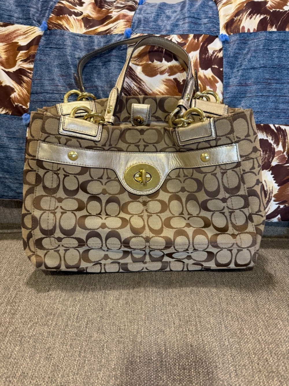 Coach Brown Signature Canvas Tote with Gold Accents